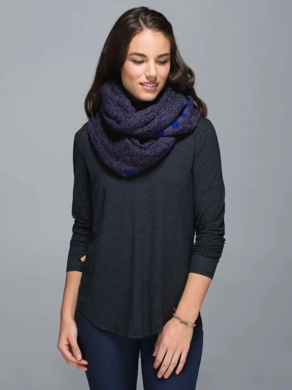 Lululemon Blissed Out Merino Wool Circle Scarf Black Grape Pigment Blue Stripe